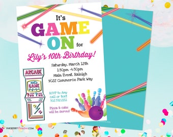 Game On - Arcade Games, Laser Tag, Bowling Birthday Party Invitation - Girls Arcade Game Party - Printable, Instant Download, Editable, PDF