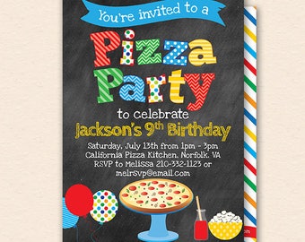 Pizza Party Invitation - Pizza Party Invite - Chalkboard - Boys / Kids Birthday Pizza Party - Printable, Instant Download, Editable, PDF