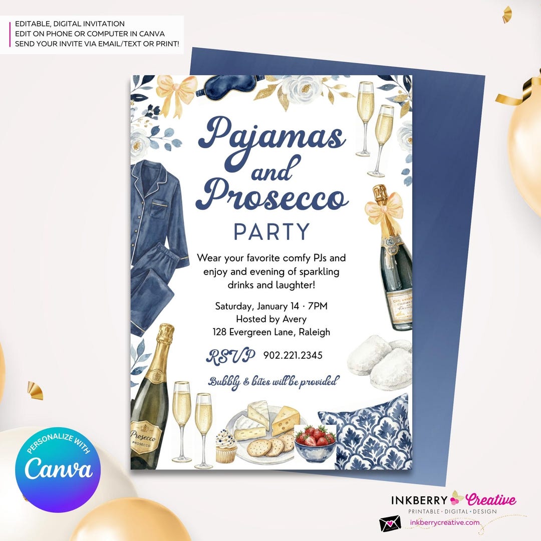 Pajamas and Prosecco Party Invitation, Watercolor Pjs Prosecco Party ...
