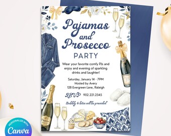 Pajamas and Prosecco Party Invitation, Watercolor PJs Prosecco Party Invite, Personalize and Edit in Canva