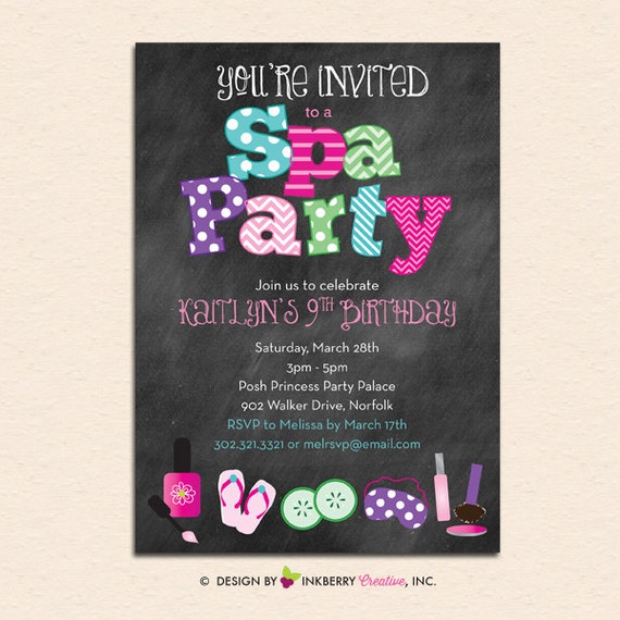 Spa Party Chalkboard Style Invitation with Nail Polish, Spa Mask and Make Up (Digital, Printable File OR Printed Cardstock Cards) Il_570xn