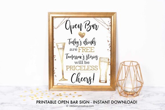 Printable Open Bar Sign, Wedding, Reception, Party, Gold, Today's Drinks Free, Stories Priceless, 8x10, Instant Download, Digital File Il_570xn