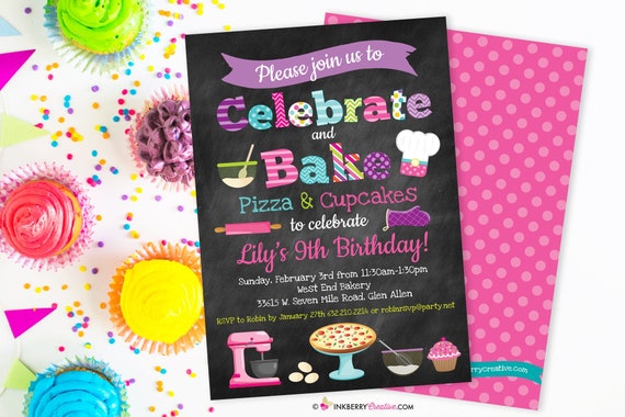 Pizza and Cupcakes - Little Chefs Baking Birthday Party Invitation - Chalkboard, Cupcake Baking - Printable, Instant Download, Editable, PDF Il_570xn