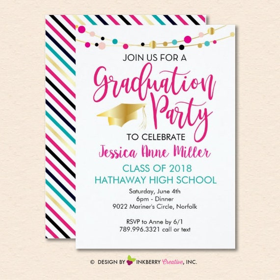 Colorful Lights Graduation Party Invitation - Pink, Gold Graduation Custom Invite - Printable File OR Printed on Cardstock Il_570xn