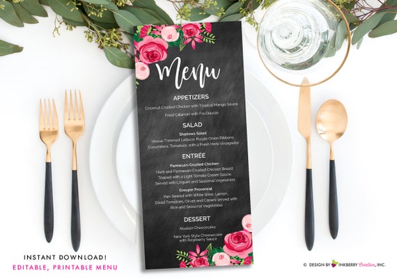 chalkboard pink floral wedding menu printable editable menu