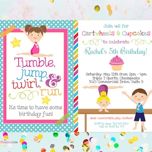 Gymnastics Birthday Party Invitation (Boy Girl Version)- Cupcakes & Cartwheels (Digital, Printable, Editable PDF File) Tumble, Gym Invite