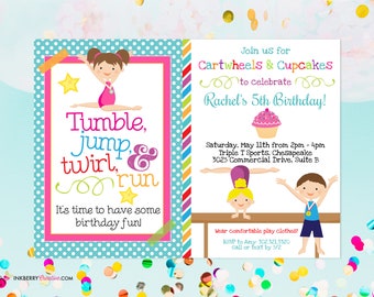 Gymnastics Birthday Party Invitation (Boy Girl Version)- Cupcakes & Cartwheels (Digital, Printable, Editable PDF File) Tumble, Gym Invite