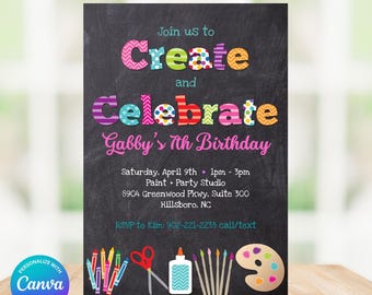 Create and Celebrate - Kids Arts and Crafts Birthday Party Invitation - Chalkboard - Printable, Instant Download, Edit in Canva
