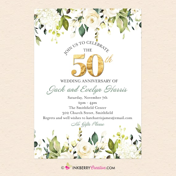 White Rose 50th Wedding Anniversary Party Invitation, Floral, Greenery, Golden Anniversary Party, Digital File OR Cardstock Printed/Shipped Il_570xn