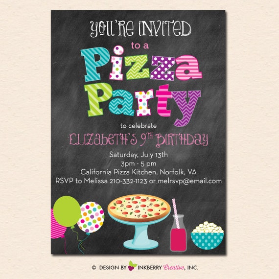 Pizza Party Invitation - Chalkboard Style with Pizza, Popcorn and Balloons (Digital, Printable File OR Printed Cardstock Cards) Il_570xn