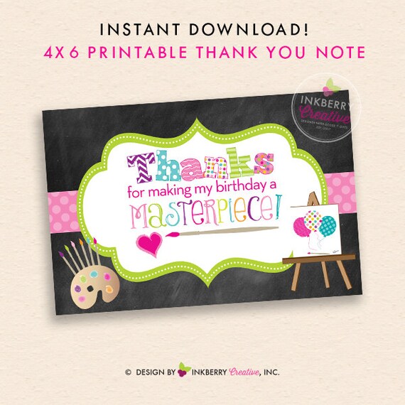 Painting Birthday Party / Art Party Thank You Note - INSTANT DOWNLOAD - Digital, Printable Files Il_570xn
