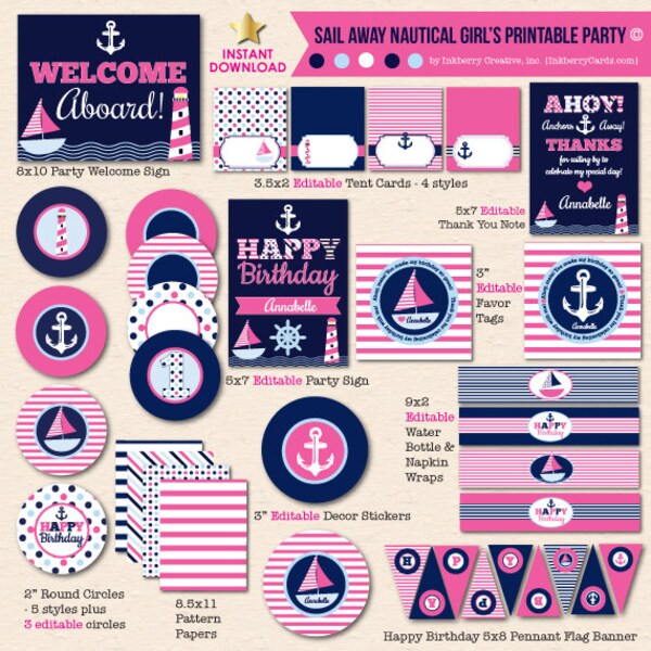 Girls Nautical Sailing Printable Party Set, Sailboat, Pink, Navy, Birthday Party - Instant Download - with Invitation - Edit in Adobe Reader