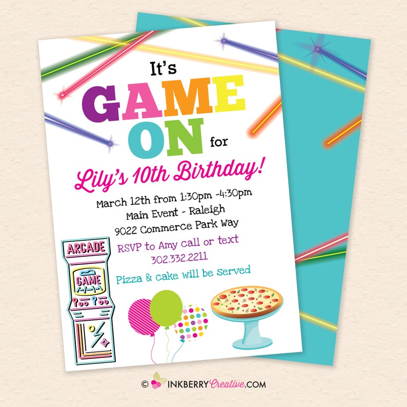 Game On Arcade Games, Pizza Birthday Party Invitation Girls Arcade Game Pizza Party Printable, Instant Download, Editable, PDF image 2