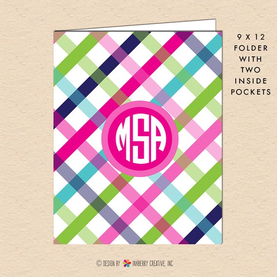 Preppy Plaid - Circle Monogram - Personalized, Custom Pocket Folder - Pink, Aqua, Green, Navy Blue Plaid Il_570xn