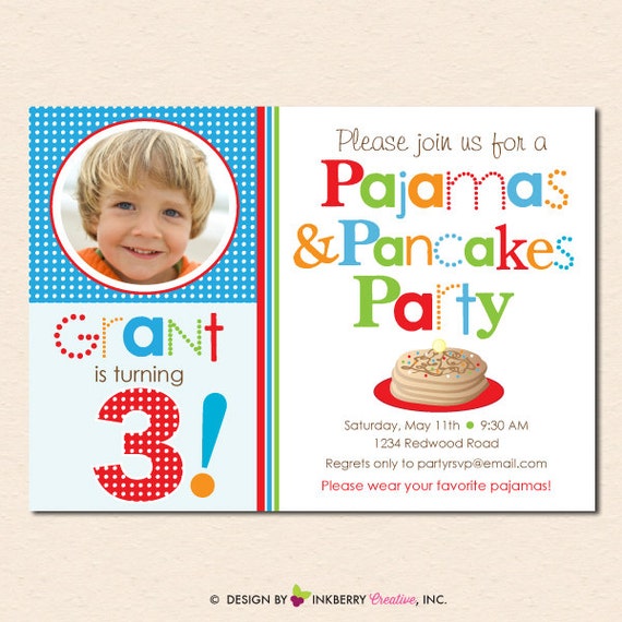 Pancakes and Pajamas Birthday Party Photo Invitation (Boy's Primary Colors) (Digital File - Printed Cards Also Available) Il_570xn