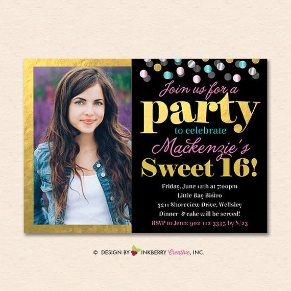 Sweet 16 Party Invitation - Gold Confetti Birthday Photo invitation - Sweet 16 or Any Age (Choose Digital File OR Printed Cardstock Cards) Il_570xn