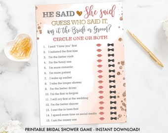 Bubbles & Brides He Said She Said Game - DIY Brautparty druckbares Spiel, He Said She Said, Pink, Rose, Gold, Glitter Brautparty Spiel