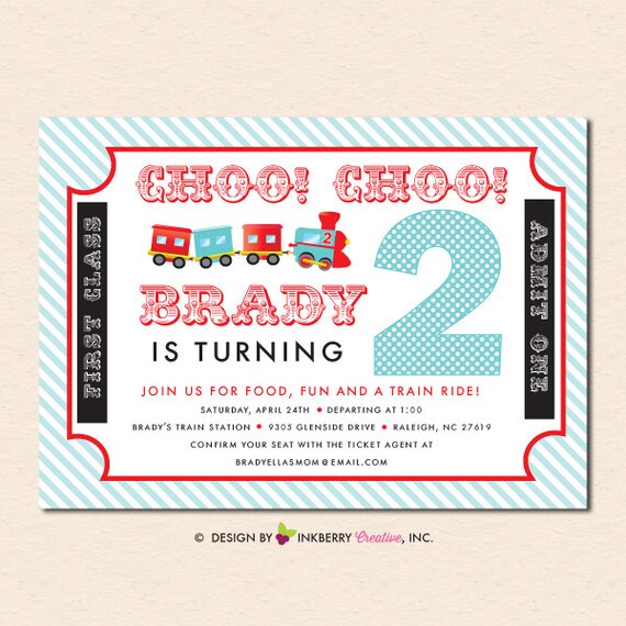 Choo Choo Train Ticket (Aqua Red) Birthday Party Invitation (Digital, Printable File OR Printed Cardstock Cards) 2nd Birthday, 1st Birthday Il_570xn