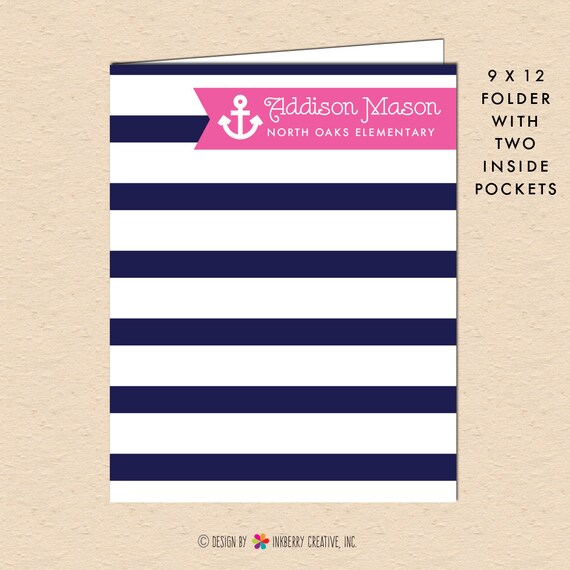 Girl's Nautical Stripe - Navy & Pink - Personalized, Custom Pocket Folder Il_570xn