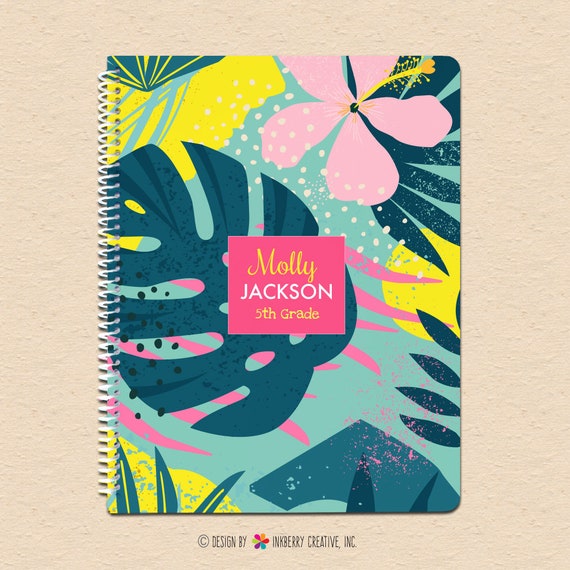 Bright Palm Leaves - Cute Palm Leaf, Floral, Flowers, Summer, Aqua, Pink, Personalized, Custom Spiral Notebook - Kids Wide Ruled Notebook Il_570xn