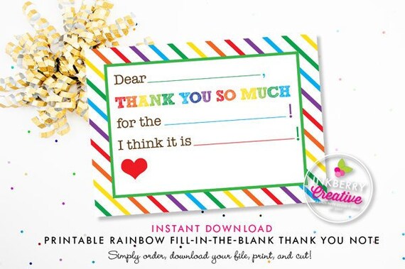 Rainbow Stripe Fill-in-the-Blank Thank You Note - INSTANT DOWNLOAD - Digital, Printable Files Il_570xn