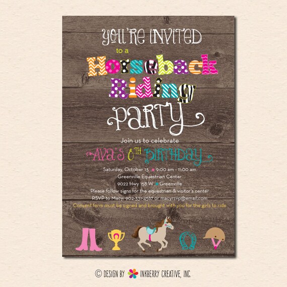 Horseback Riding Birthday Party Invitation (Digital, Printable File OR Printed Cardstock Cards) - Rustic, Wood, Girls Horse Party Invitation Il_570xn