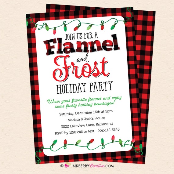 Flannel & Frost Holiday Party Invitation, Christmas Party Invite, Plaid, Buffalo Check (Digital, Printable File OR Printed Cardstock Cards) Il_570xn