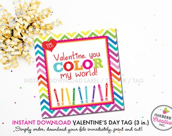 Rainbow Chevron Valentine's Day Tag - Crayons - Color My World - Instant Download, Printable 3 inch Square Valentine Stickers or Tags