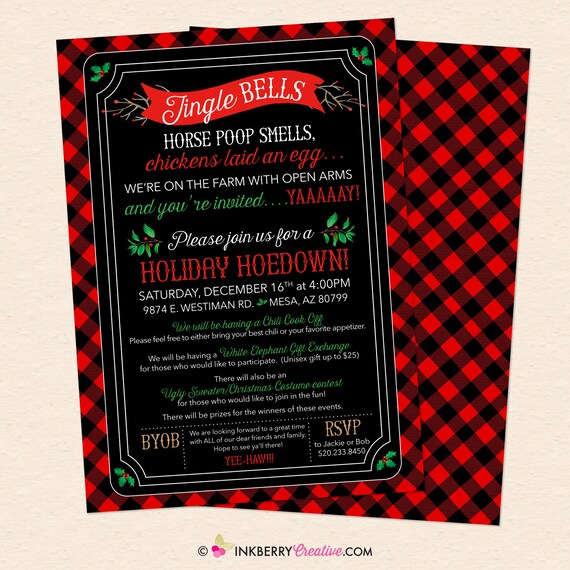 Holiday Hoedown - Christmas Farm Party Invitation - Red Black Buffalo Plaid Invite (Digital, Printable File OR Printed Cardstock Cards) Il_570xn