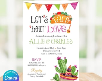 Può includere: Un invito digitale per una festa di nozze con un'illustrazione ad acquerello di un taco e cactus. L'invito dice "Let's taco 'bout love!" e include i nomi della coppia, Allie & Charles, la data e l'ora dell'evento, l'indirizzo, le informazioni RSVP e i dettagli del registro.