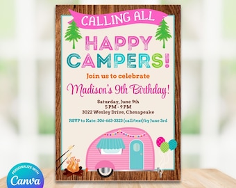 May include: A digital invitation with a wood-grain border featuring the text CALLING ALL HAPPY CAMPERS! Join us to celebrate Madison's 9th Birthday! Saturday, June 9th, 5 PM - 9 PM, 3022 Wesley Drive, Chesapeake. RSVP to Kate: 306-663-3323 by June 3rd.