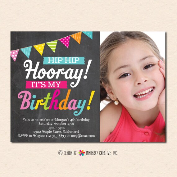 Hooray It's My Birthday - Chalkboard Bunting Banner Photo Birthday Invitation (Digital, Printable File OR Printed Cardstock Cards) Il_570xn