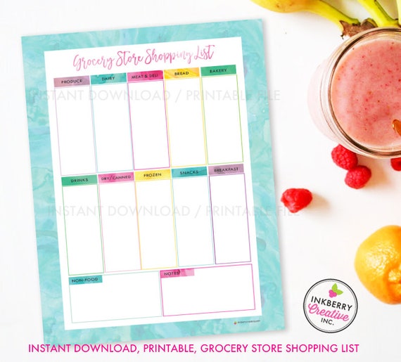 Printable Grocery Store Shopping List, Instant Download, PDF, Meal Planning, Grocery List, Weekly Grocery Store, Colorful Aqua Watercolor Il_570xn