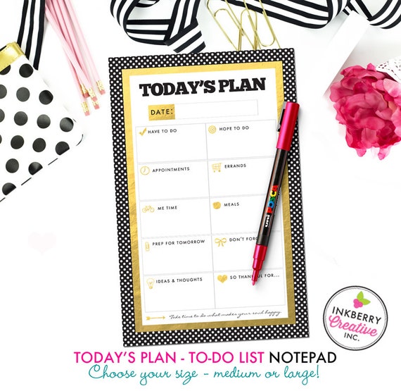 To Do List Notepad - Today's Plan - Premium Daily Planner Notepad - Gold, Black and White Dot - Available in 2 sizes - medium or large! Il_570xn