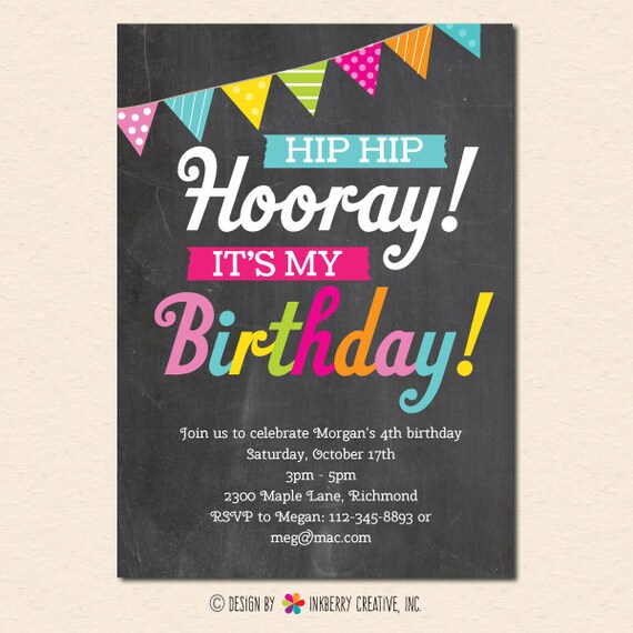 Hooray It's My Birthday - Chalkboard Style, Pennant Banner Birthday Invitation - Choose Digital, Printable File or Printed/Shipped Il_570xn