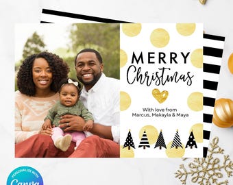Gold Polka Dot Modern Trees - Black White Gold Patterns - Christmas Photo Card - Merry Christmas Photo Card - Edit in Canva