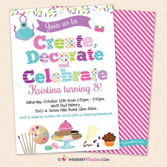 Create, Decorate, Celebrate - Cookies, Cupcakes, Apron Decorating Birthday Party Invitation - Printable, Instant Download, Editable PDF Il_570xn