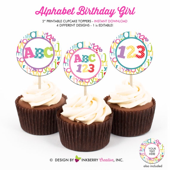 ABC Alphabet Birthday Girl - Printable 2 inch round Cupcake Toppers - Instant Download PDF File Il_570xn