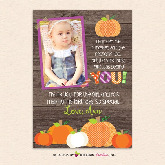 Pumpkin Patch Birthday Party - Photo Thank You Note, Custom Design, Wood, Pumpkin Party - Digital Printable OR Printed Cards Il_570xn