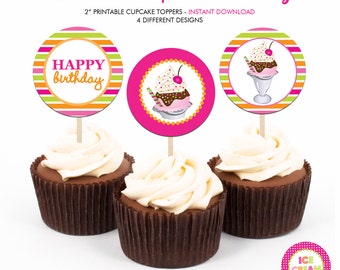 Ice Cream Sundae Birthday Party - Printable 2 inch round Cupcake Toppers - Instant Download PDF File