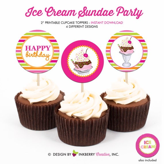 Ice Cream Sundae Birthday Party - Printable 2 inch round Cupcake Toppers - Instant Download PDF File Il_570xn