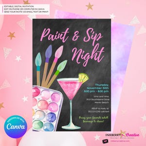 Paint & Sip Invitation, Girls Night Painting Wine Party Invite, Chalkboard, Printable, Instant Download, Digital File, Edit in Canva