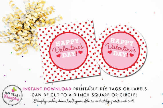 Red Polka Dots Valentine's Day Tag - Instant Download, Printable 3 inch Square Valentine Stickers or Tags Il_570xn