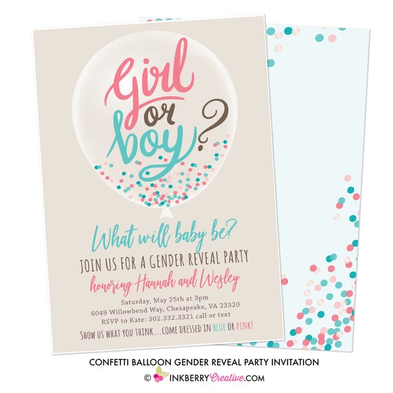Confetti Balloon Gender Reveal Party Invitation - Pink, Blue, Aqua, Baby Reveal Balloon - Digital File OR Cardstock Printed and Shipped Il_570xn