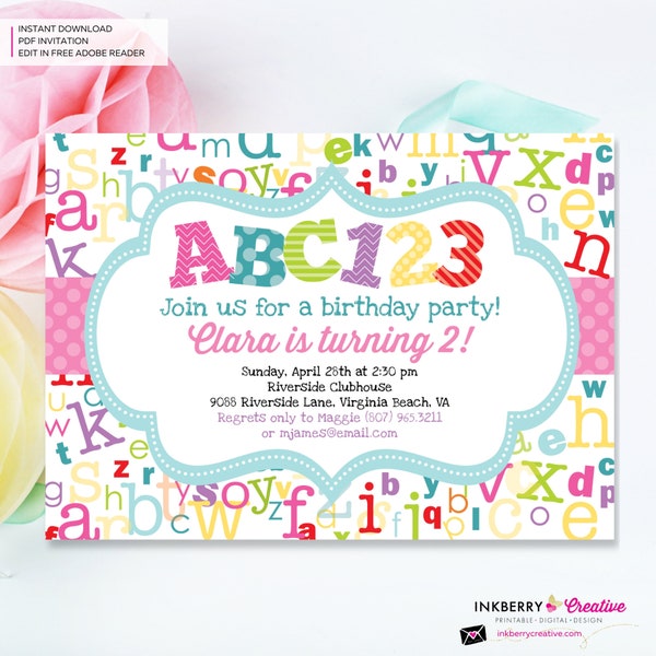 Alphabet Birthday Party Invitation Girls - Alphabet Theme Party Invite - Girl ABC Birthday Party - Printable Instant Download, Editable, PDF