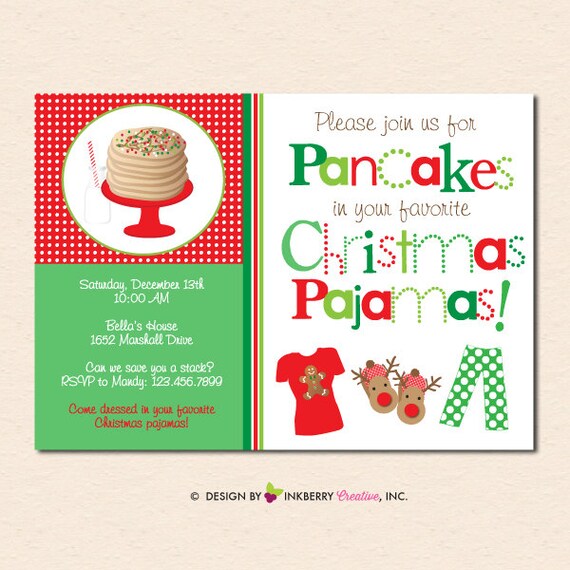 Pancakes and Christmas Pajamas Holiday Party Invitation (Digital, Printable File OR Printed Cardstock Cards) Il_570xn