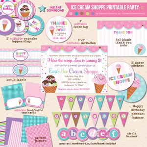 Ice Cream Shoppe Printable Birthday Party - Includes Editable Invitation - Ice Cream Birthday Complete Party Pack- Instant Download PDF File