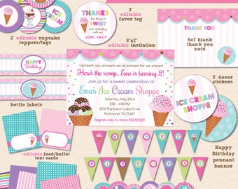 Ice Cream Shoppe Printable Birthday Party - Includes Editable Invitation - Ice Cream Birthday Complete Party Pack- Instant Download PDF File