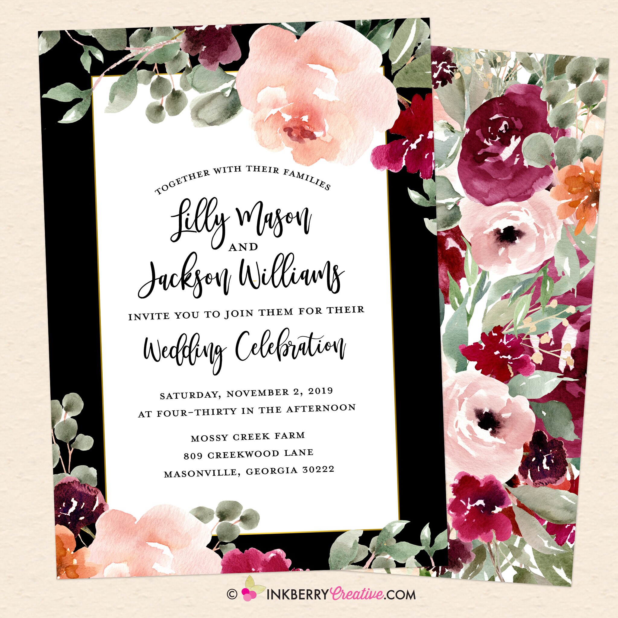 Burgundy Blush Wine Floral Wedding Invitation Black Frame - Etsy Denmark