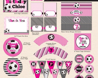 Girls Soccer Theme Birthday Party - Pink, Black, White & Silver - DIY Printable Party Pack - INSTANT DOWNLOAD!